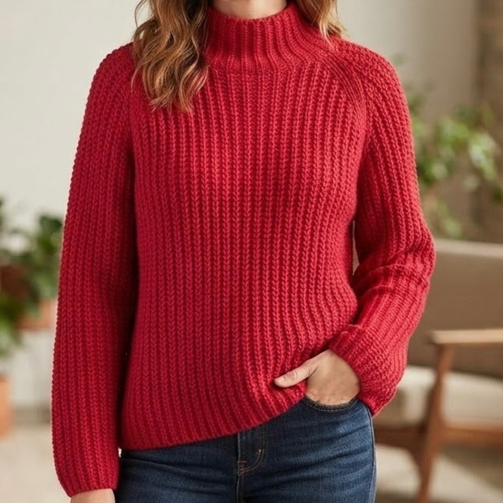 Hanna Andersson Womens Red Oversized Chunky Ribbed Mock Neck Knit Sweater XL